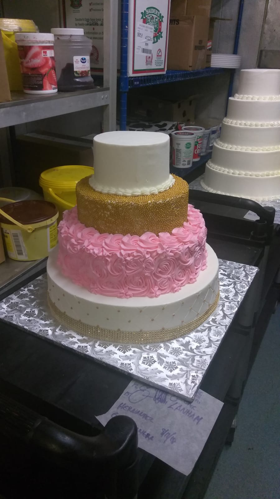 Pink gold and white tiered cake